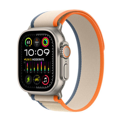 APPLE Ultra 2 (GPS + cellulare, titanio) 49 mm - Smartwatch (M/L 145-220 mm, Tessuto in nylon (Carbon Neutral), Titanio naturale/arancio/beige)