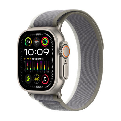 APPLE Ultra 2 (GPS + cellulare, titanio) 49 mm - Smartwatch (M/L 145-220 mm, Tessuto in nylon (Carbon Neutral), Titanio naturale/verde/grigio)